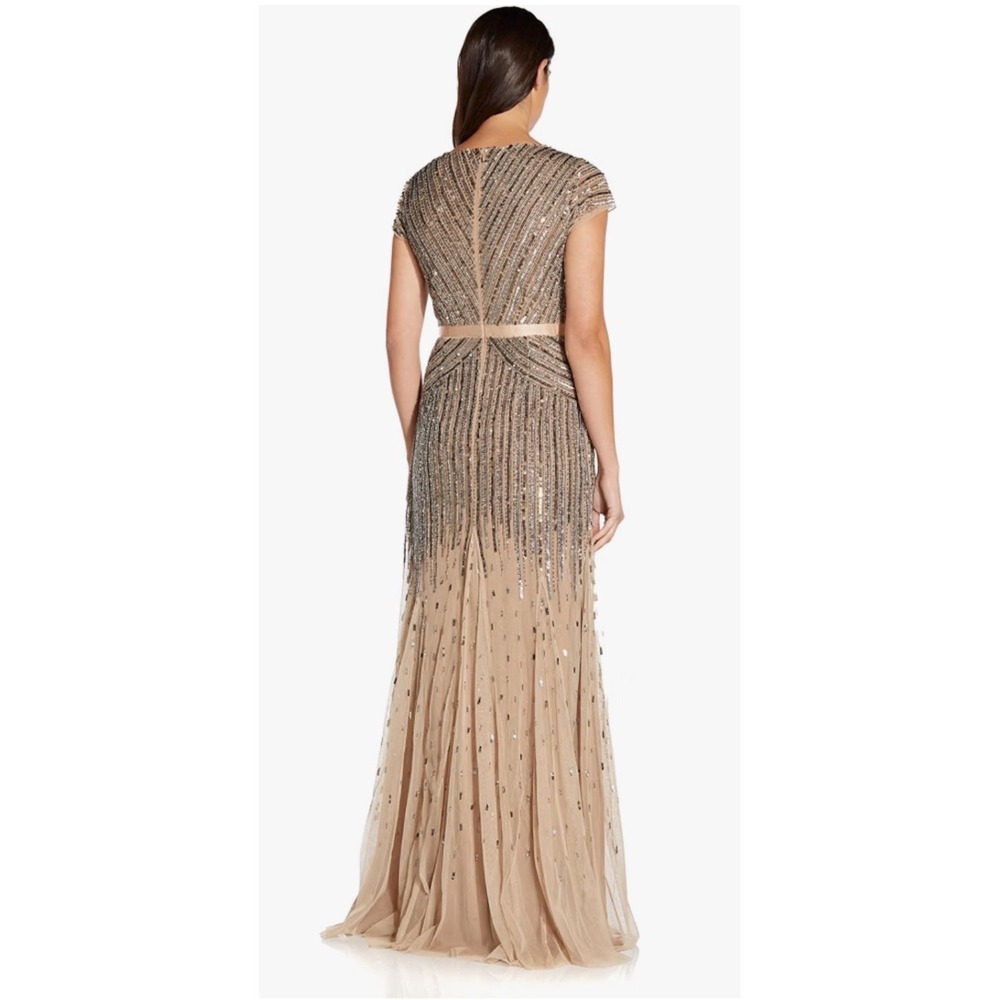 Adrianna Papell Beaded Sequin V-Neck Gown Cap Sleeve Maxi Dress Champagne Silver - Picture 3 of 16